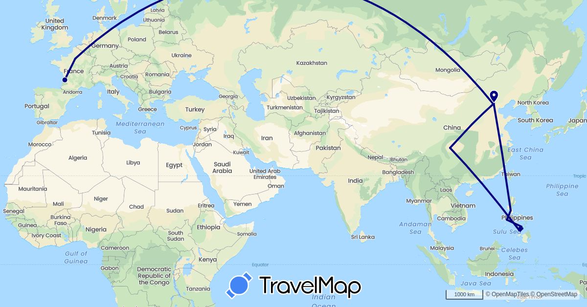 TravelMap itinerary: driving in China, France, Philippines (Asia, Europe)